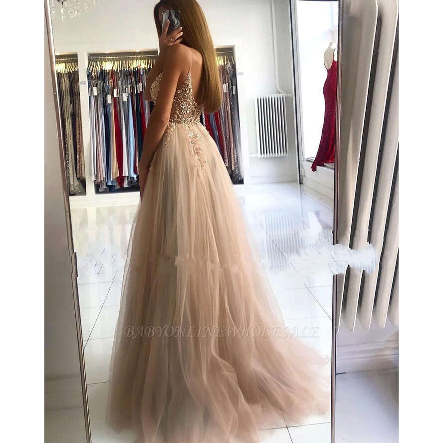 Chamapgne Blue Pink Stunning Prom Dresses A E Spahgetti Straps Split Evening Gowns With Beads Sequins Backless Party Vestidos Bc5488 vening