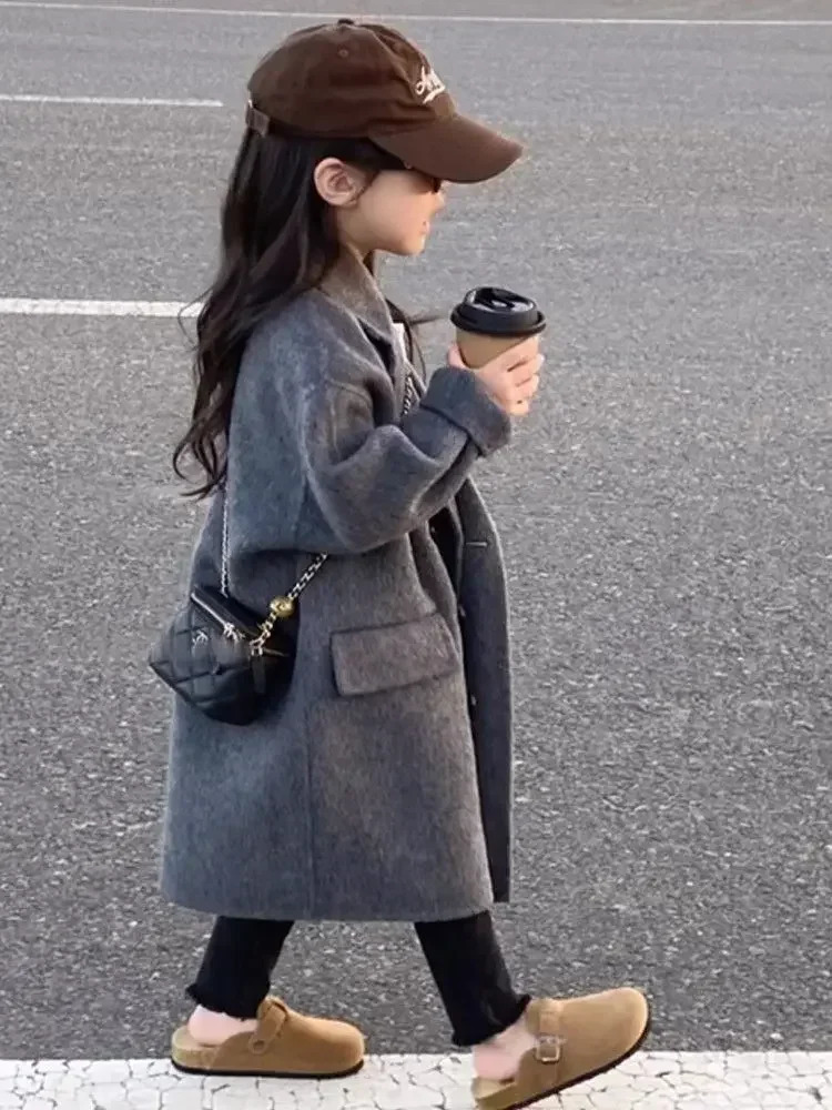 Girls coat Korean style childrens clothing autumn and winter item lapel long groove fashion thick double-sided coarse woolen coat 241022