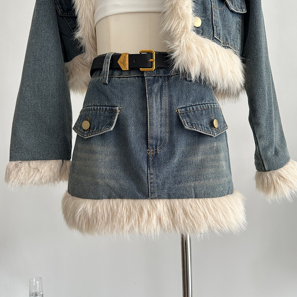 OIINAA Denim Women Fur Collar Vintage Jackets Cropped Coat Fashion Pockets Jean Skirt 2 Piece Sets Womens Outifits