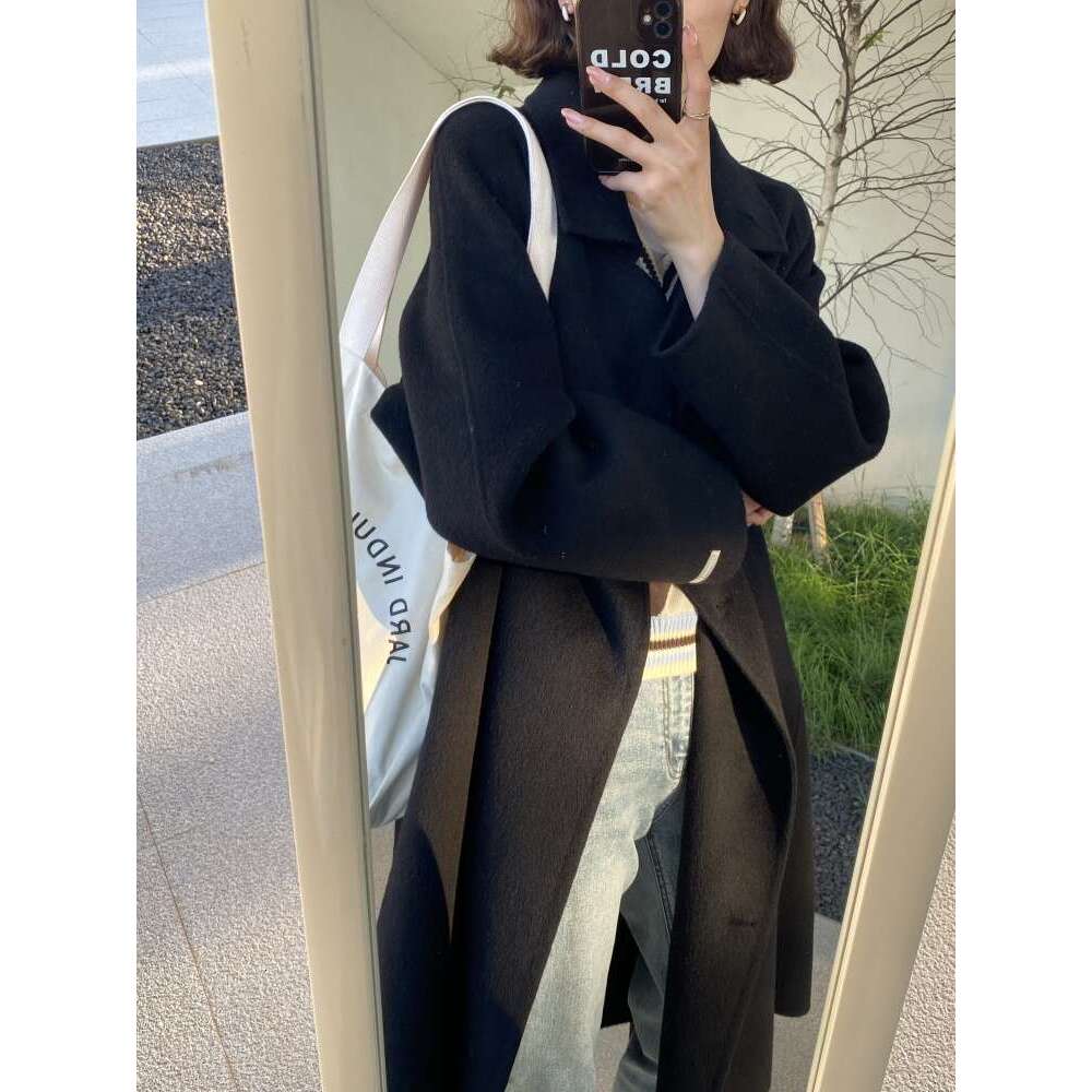 Rose Long Cashmere Coat Women Fashion Loose Lace-Up Stand Collar Double-Sided Single Breasted Woolen Coats Women 2024 New