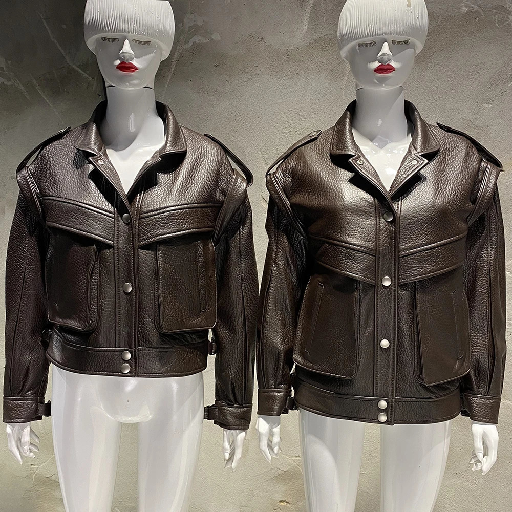 YOLOAgain Womens High Quality Genuine Leather Jacket Extra Large Dark Brown Grain Leather Jacket 241023