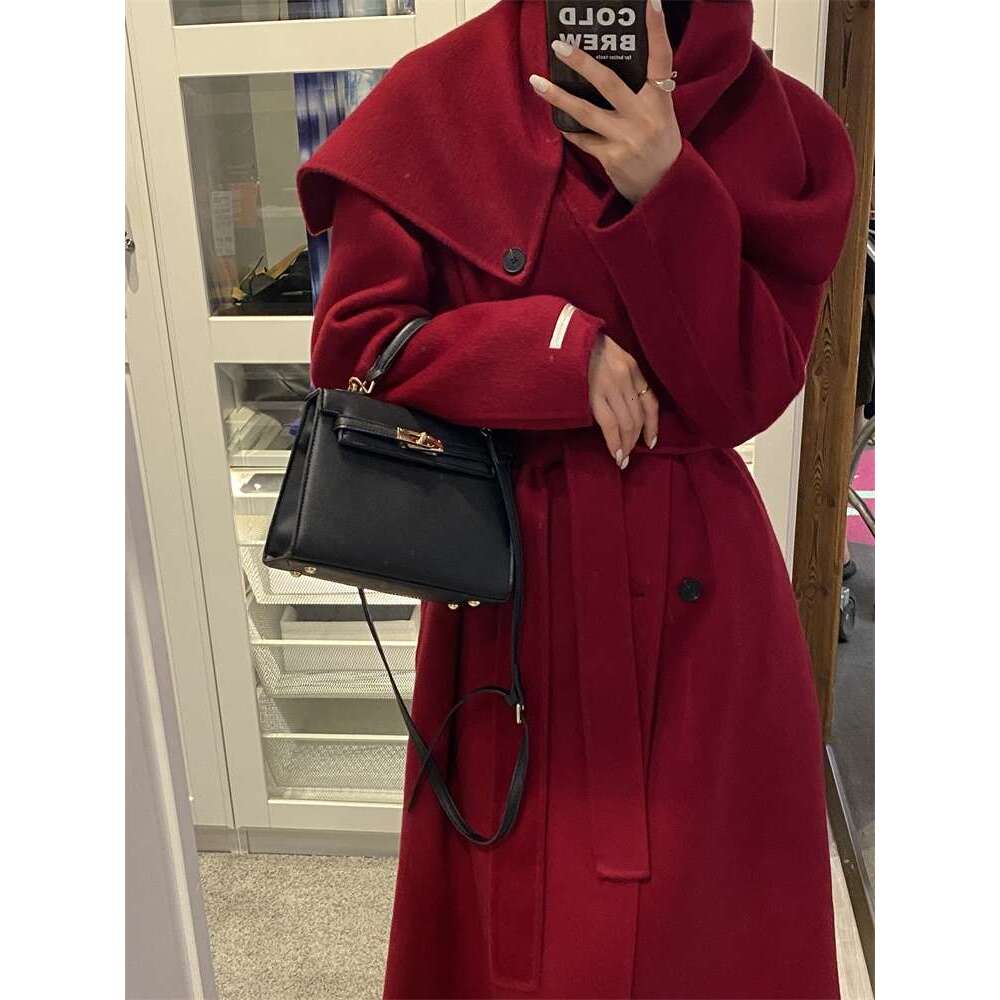 Rose Long Double-Sided Alpaca Coat Fashion Large Cape Collar Design Loose Wool Tweed Jacket Women 2024 New Winter