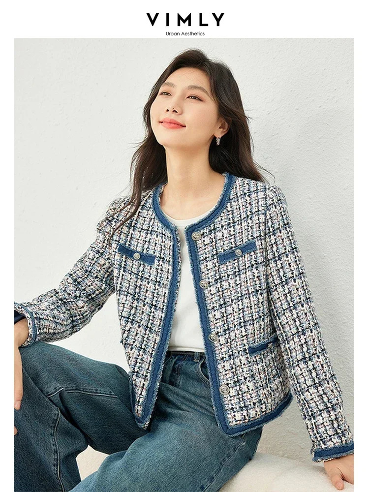 Vimly Plaid womens cut jacket with coarse tweed for spring patch denim elegant and fashionable womens short jacket womens M3288 241023