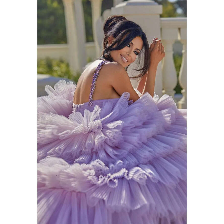 Lilac Purple Tier Cascading Evening Sexy A E Spaghetti V Neck Open Back Ruffles Long Prom Dresses Formal Vestidos Bc18389 estidos