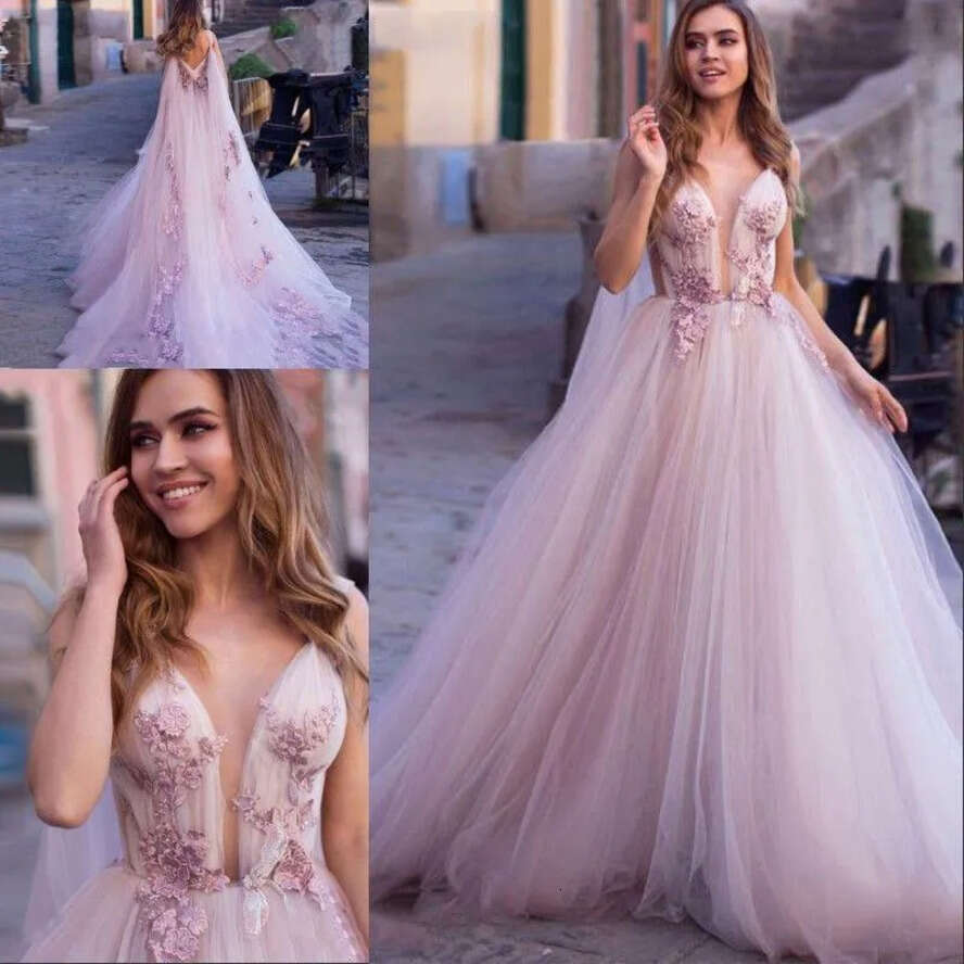Appliques 3D Lace Wers Tulle Princess Dress A E Plunging V Neck Illusion Pink Turkey Wedding Bride Gowns With Wrap Bc18715