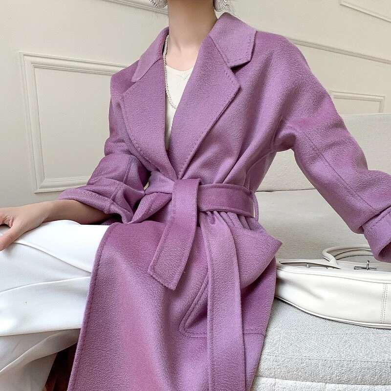 Rose Bathrobe Water Ripple Cashmere Wool Mid-Length Coat Women Elegant Fashion Loose Laepl Pocket Woolen Coats Autumn Winter