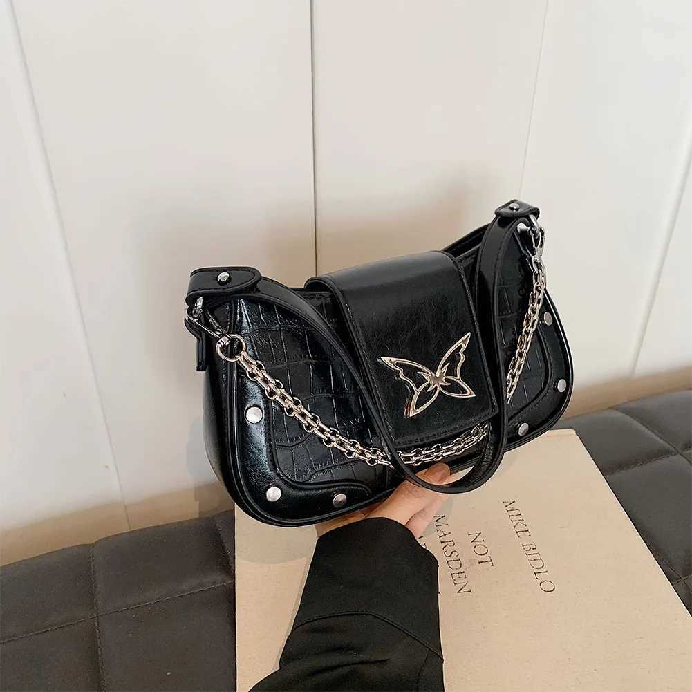 Women Pu Leather Shoulder Bag Butterfly Pattern Y2k Handbag with Chain Hobo Adjustable Strap Satchel Purse for Work 241023