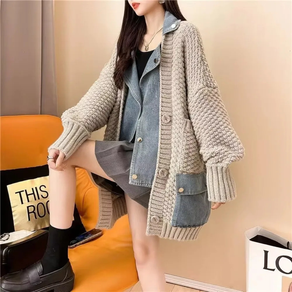 Autumn Winter Womens Splicing Denim Jacket Womens Long Sleeve Jeans Jacket Womens Loose Sweater Cardigan Jacket 241022