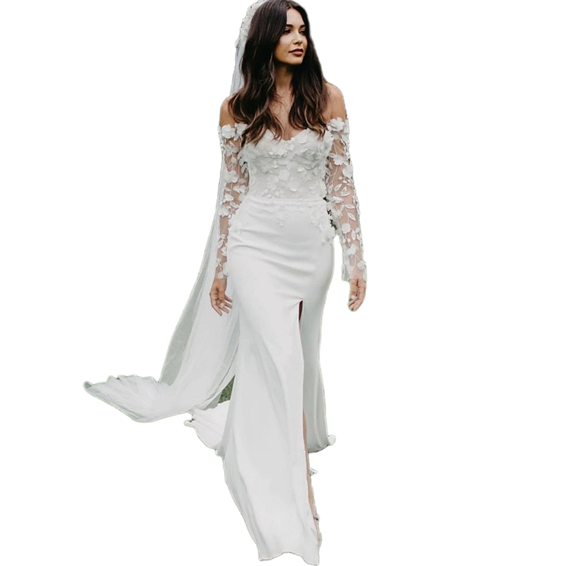 Off The Shoulder Mermaid Wedding Dresses 3D Floral Lace Appliques Long Sleeves Side Slit Bridal Gowns Sweep Train Boho Vestidos Novias