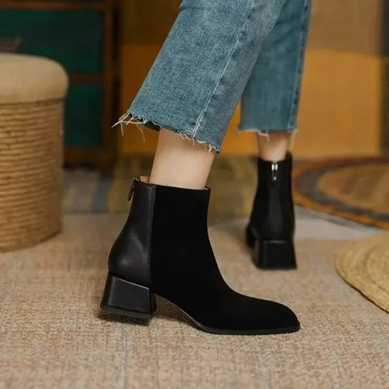 Autumn Square Toe Chunky Heel Ankle Boots for Women Winter Platform Suede Shoes atos 241021