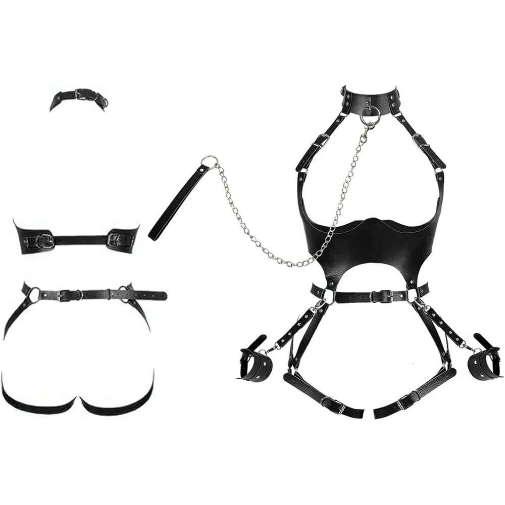 Sex Bondage BDSM Kit Restraints Set, Adjustable Restraint Harness Kit with Leash Wrist Cuffs and Waist Garter Belt Full Body Harness