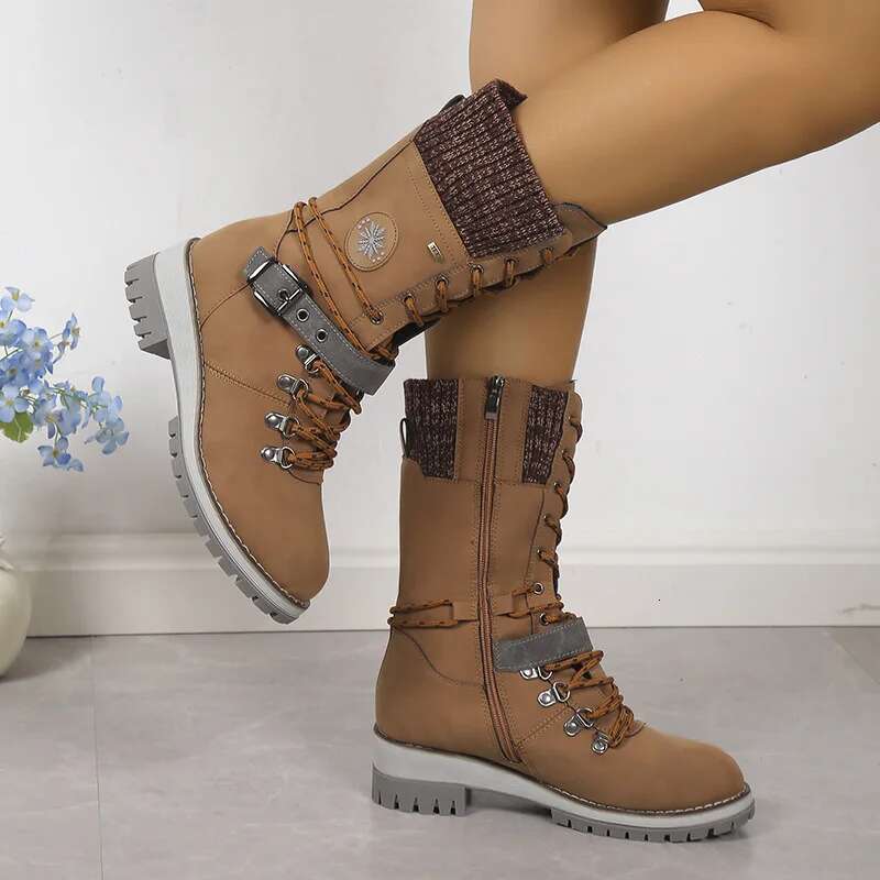 Lace-Up Combat Snow Chunky Heel Platform Women High Sole Increase Height Casual Thick Warm Cotton Boots