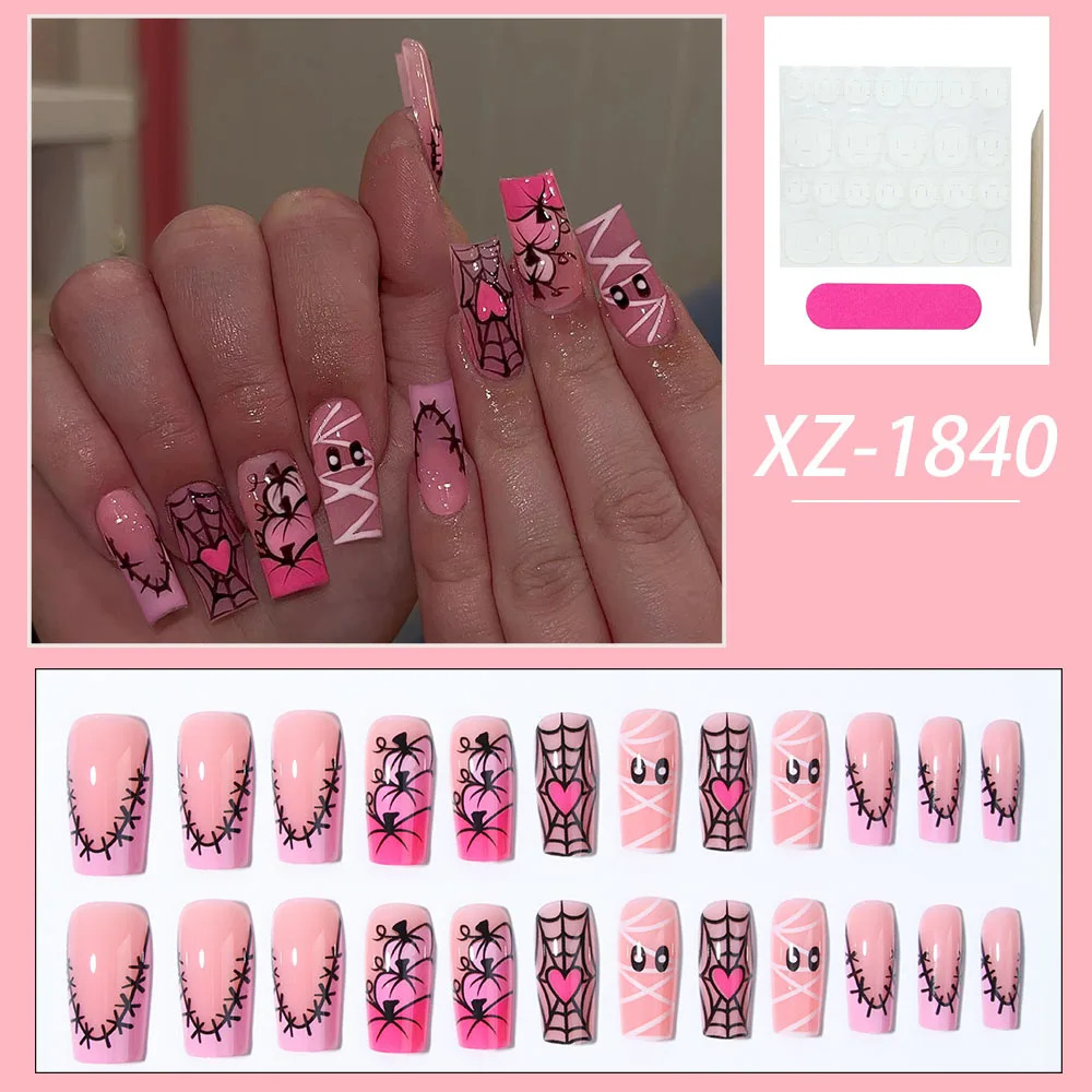 24pcs press on nailmedium nail square Halloween pumpkin shapesewing line cobweb nsuitable for festival wear 241021