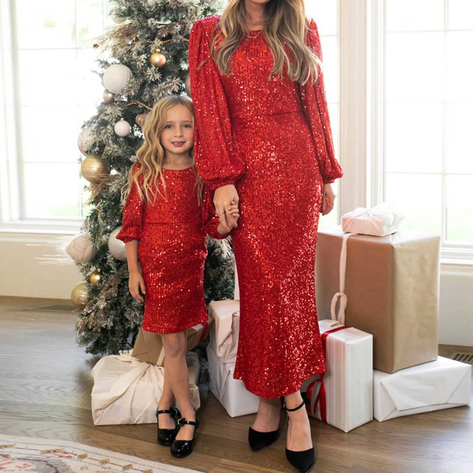 Women Baby Girls Sequins Slim Dress Fashion O-neck Long Sleeve Parent-child Outfit Mother Daughter Party Dress ibu anak bokepXJ241008