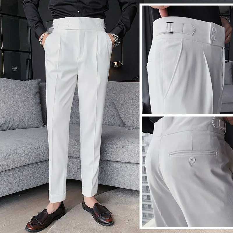 Casual Mens Spring and Summer 2024 New Business Formal Solid Color High Waisted Button Zipper Ruched Pocket Straight Suit PantsX241023