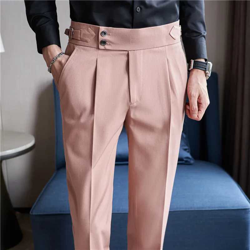Neapolitan High Waist Casual Dress Pant For Men 2024 New Belt Design Slim Fit Casual Office Social Party Suit Pants 38-28X241023