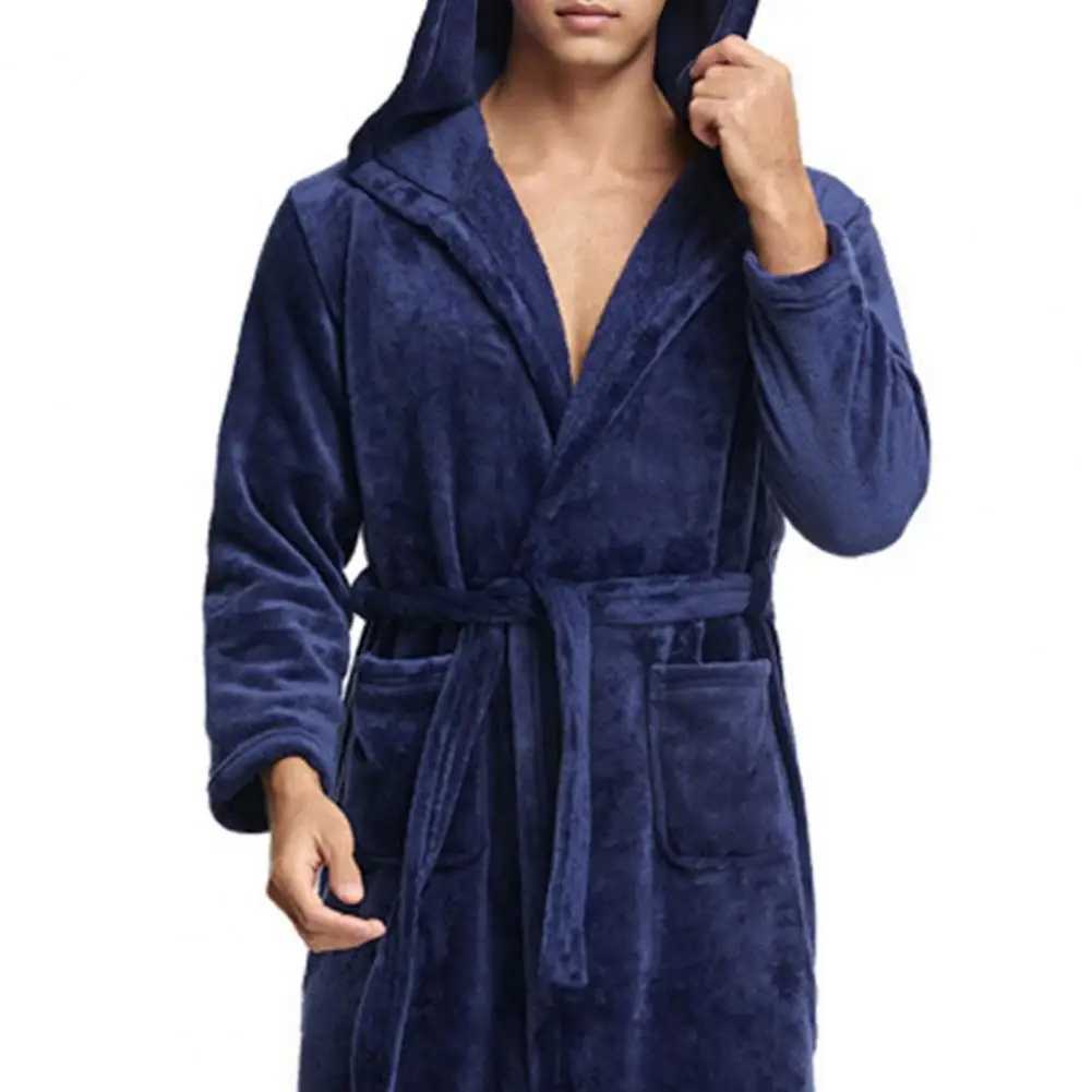 2024 Winter Mens Bathroom Solid Color with Flannel Hooded Bathrobe Pocket Warm Mens Evening Dress Spwear Mens Clothing W241023