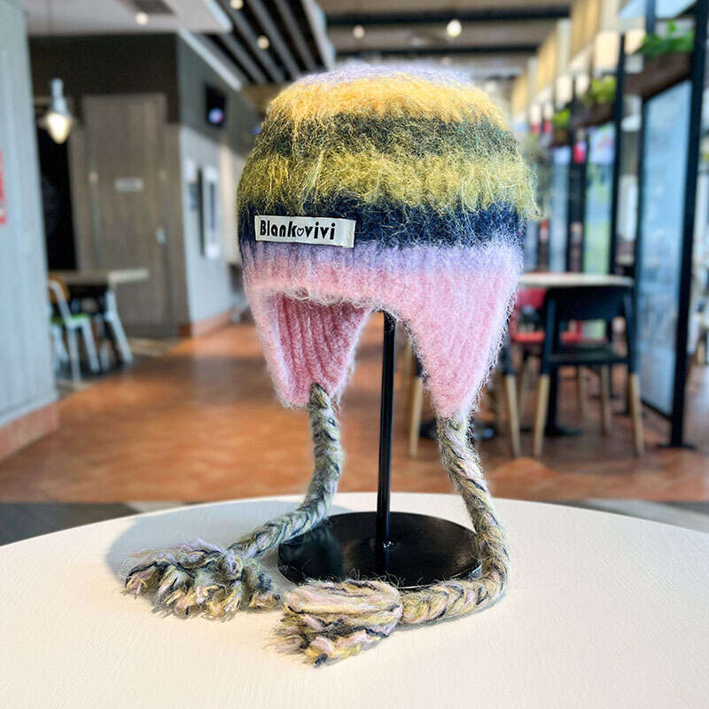 Beanie Striped design knit hat for winter outdoor warm Rainbow Christmas gift to girls knitted hat bonnet Christmas gift for girls very good