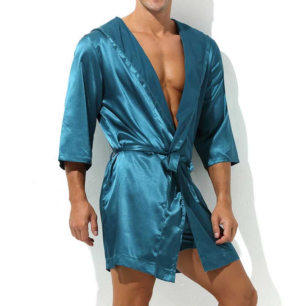Hood Bathrobe Mens Shorts Set Pajamas Evening Dress Mens Silk Satin Night Light Kimono Bathrobe Spwear House Mens Robe W241023