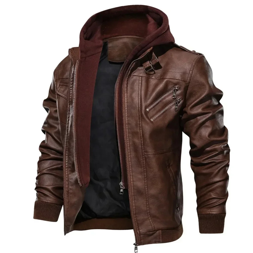 Splicing PU Leather Jacket Zipper Hooded Mens Artificial Leather Long Sleeve Solid Pocket Open Collar Loose Coat Long Street 241023