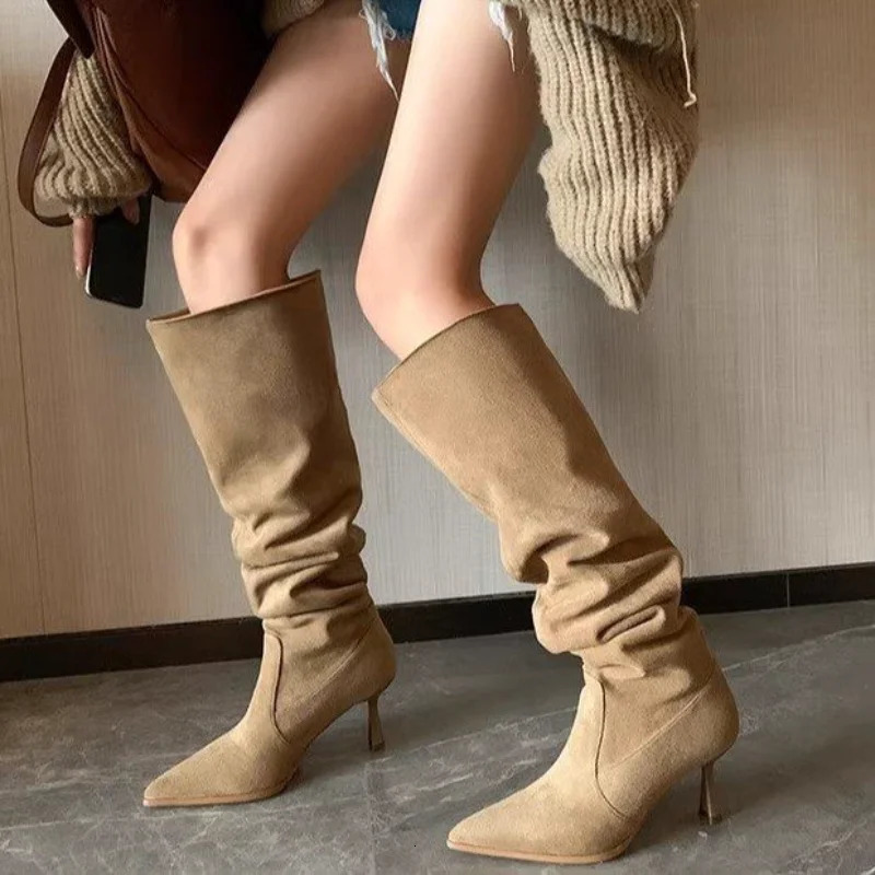Womens autumn boots heels knees high designer shoes sexy and elegant Mochaxin retro fashion black 2023 trend 241106