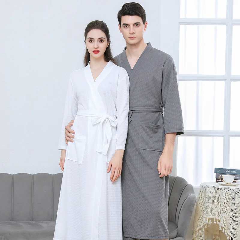 Waffles transparent bathroom mens summer thin robe shower plain weave dress knee length breathable evening gown W241023