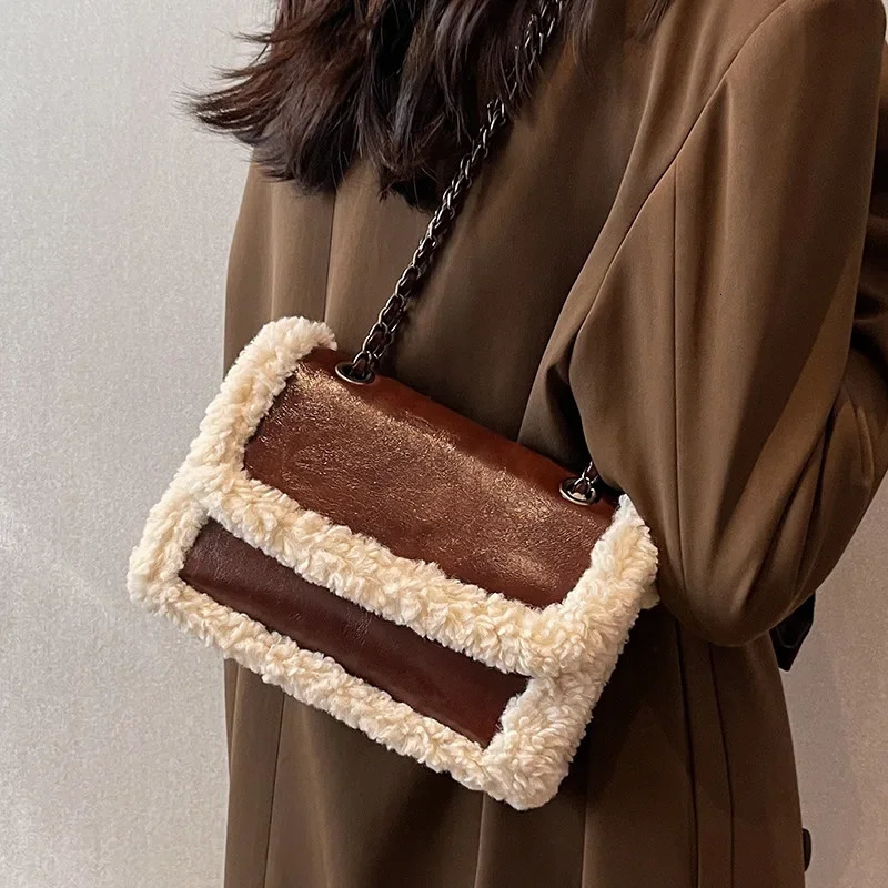 Retro Faux Fur Lambswool Handbag Womens Bag PU Leather Messenger Bags Ladies Tote Purses Chain Shoulder 241017