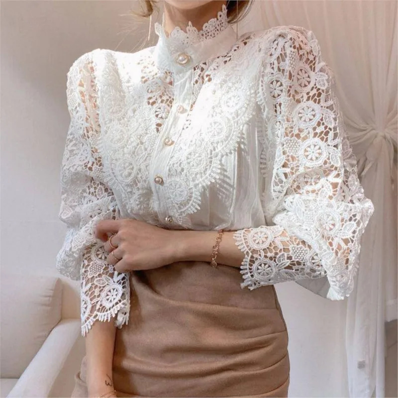 Elegant Stand Collar Long Sleeve Single Breasted Shirt Top Womens Fashion Spring Solid Color Lace Hollow Office Female 241022