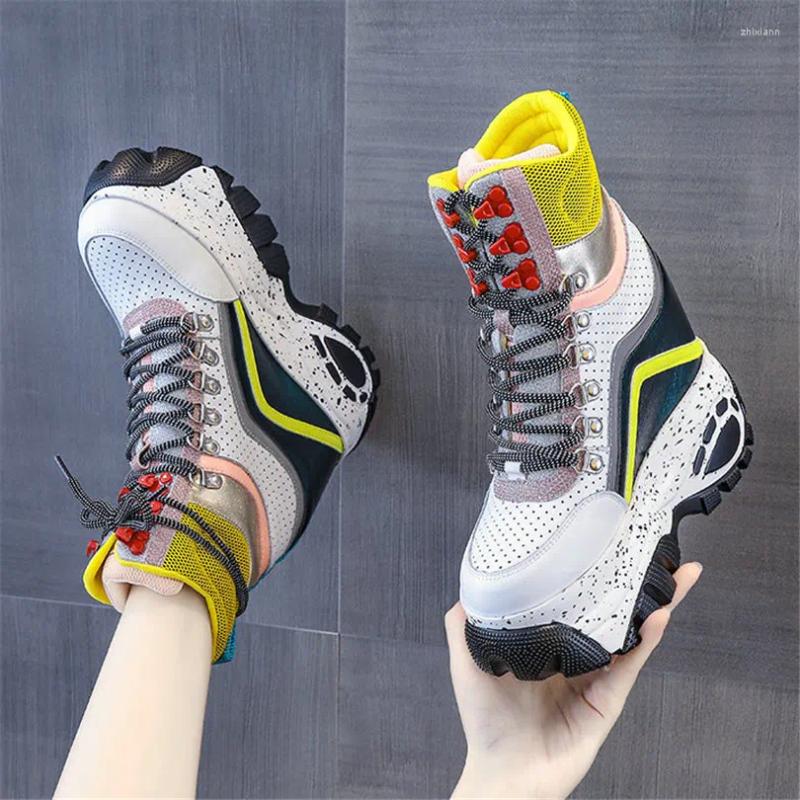 Boots High Top Fashion Sneakers Women Lace Up Genuine Leather Heel Ankle Female Shiny Glitter Round Toe Platform Pumps Shoe