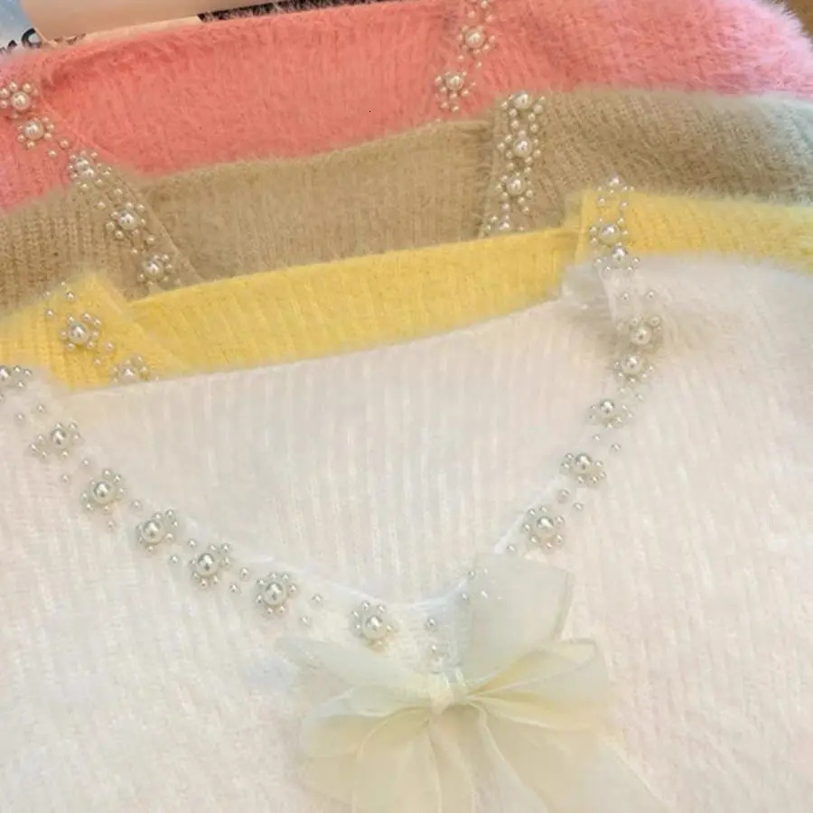 V Neck Mink Cashmere Oversized Sweater Korean Bow Knitwear Top Pull Femme Women Long Sleeve Beaded Sweaters 241021