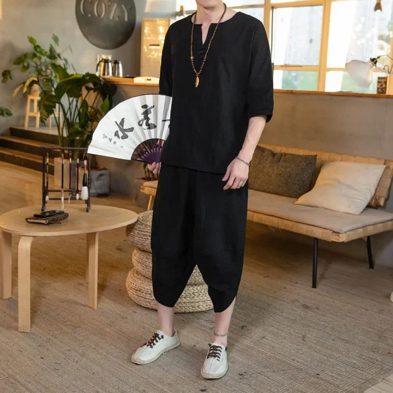 Prowow Summer Mens Linen Set China Series Large Loose Capris Casual Tang Cotton Linen Two Piece Set Mens 241023