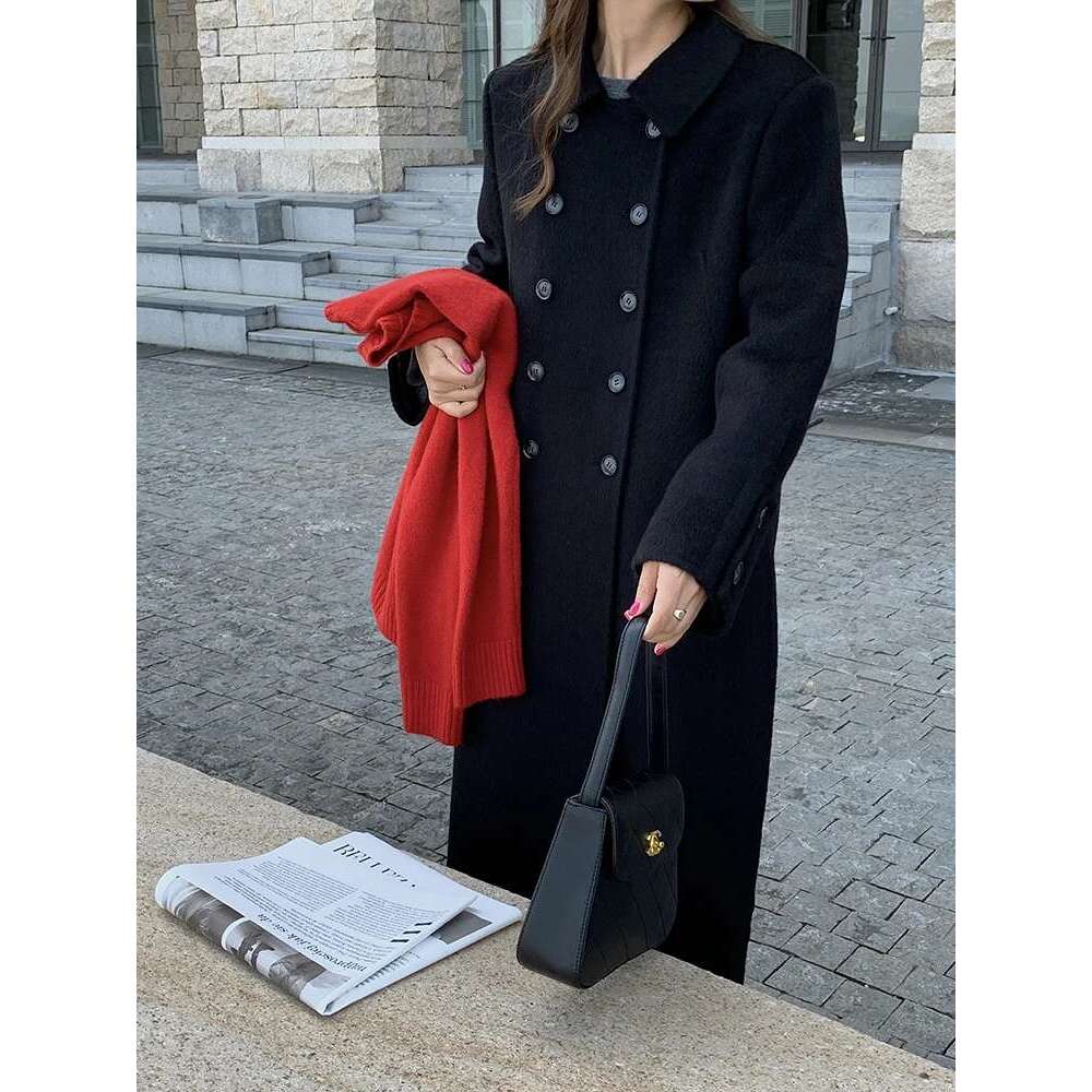 Rose White Double-Sided Cashmere Korean Fashion Double-Breasted Mid-Length Black Pure Wool Coat Women
