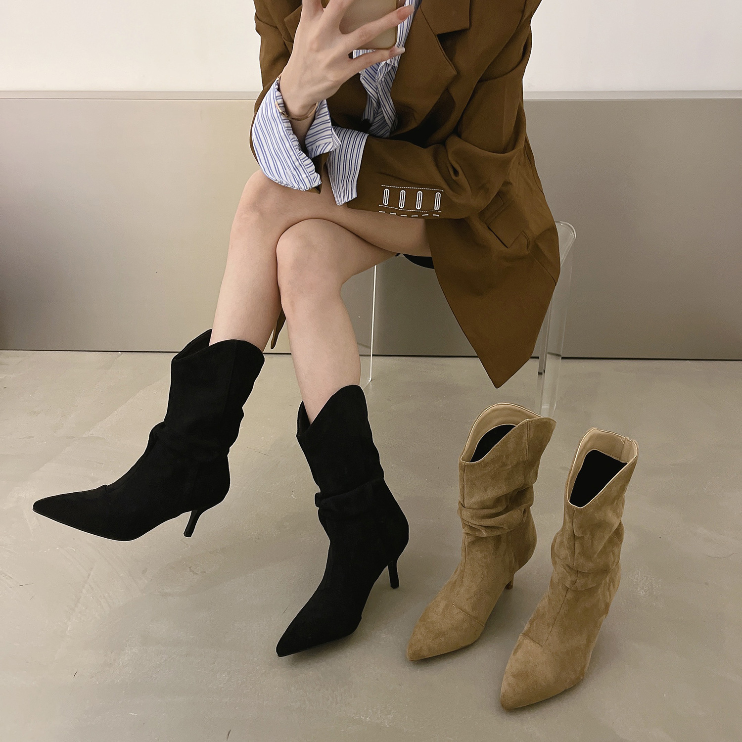 High heels womens short boots French ankle boots internet famous pointed spicy girl pile boots 2024 new Martin boots