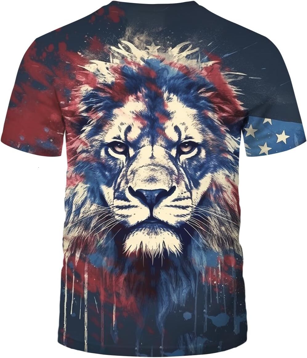 Mens T shirt Summer Casual Hawaiian American Flag Lion Shirt for Men, Orange tee Casual tops summer clothes Fashionable and breathable nice