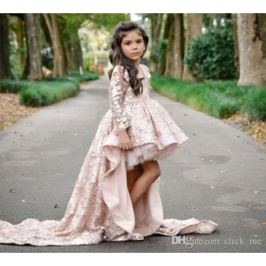 Long Sleeve Wer Pink Girls' Dresses Lace Applique Kids Formal Wear For Weddings Lovely High Low Little Girl's Pageant Dress Ba7320