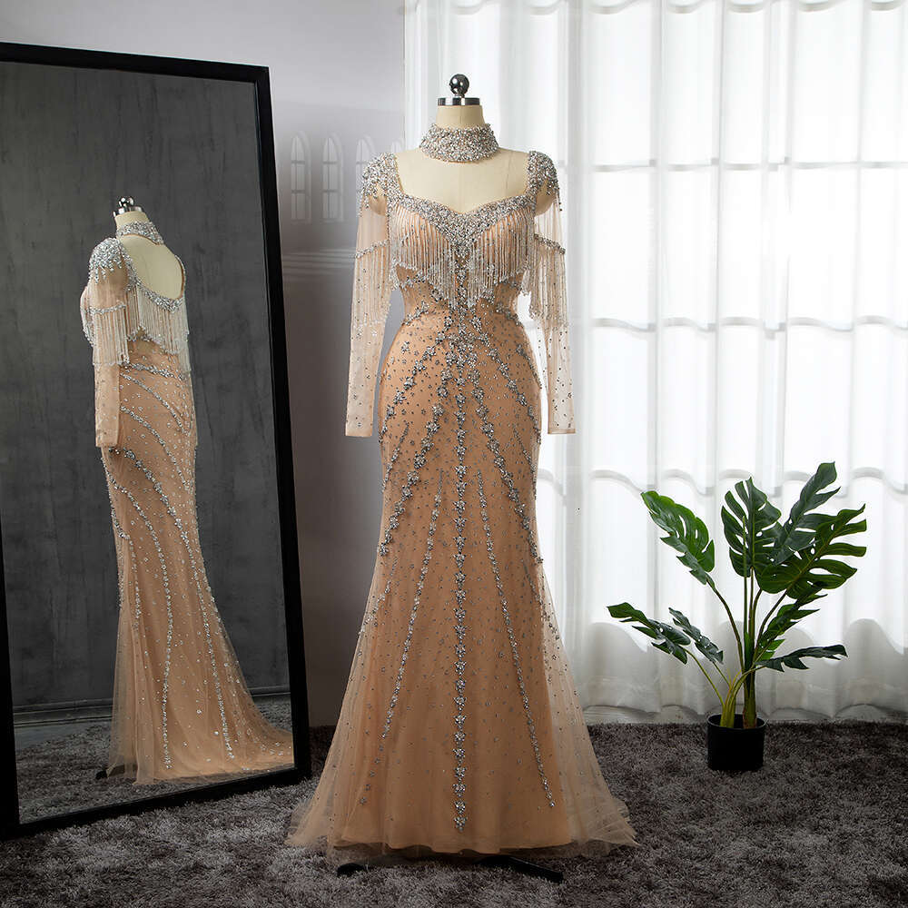 Sexy Serene Hill Sliver Nude Tassel Beaded Mermaid Arabic Long Evening Dresses Gowns For Woman Party