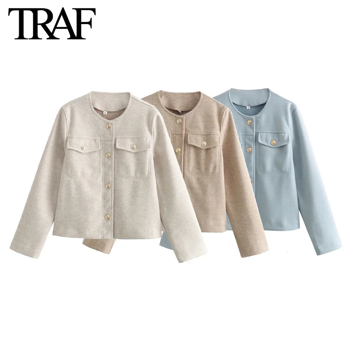 TRAF Womens Fashion Spring Collection Flip Pocket Single Chest Crewneck Jacket Coarse Floral Short Coat Fashion Womens Top Unprinted Good Product 2410