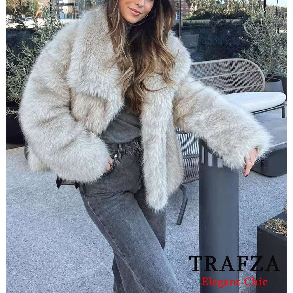 Trafza-Women Ancora Red Solid Faux Fur Jacket Big Lapel New 2024 Autumn Winter Fashion Slouchy Bury Coat