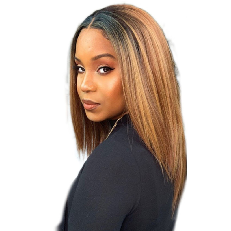 Wig women's medium-length straight hair gradient wig middle-parted bangs chemical fiber wig