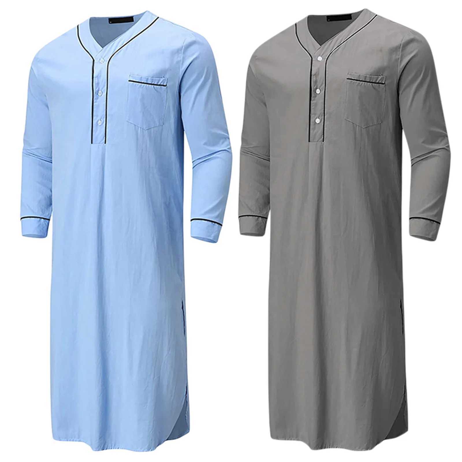 Mens Night Light Solid Color Loose S Arabic Long Sves Evening Dress Ktan Dubai Robe with Pocket Spwear W241023