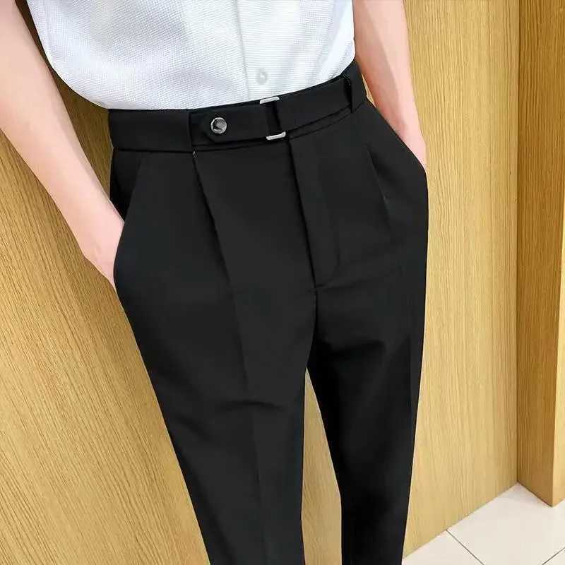 Draped with Belt Man Suits Pants Gray Fluid Trousers for Men Elegant Work Wear Fashion Vintage New in Slacks Tailoring Fabric UpX241023