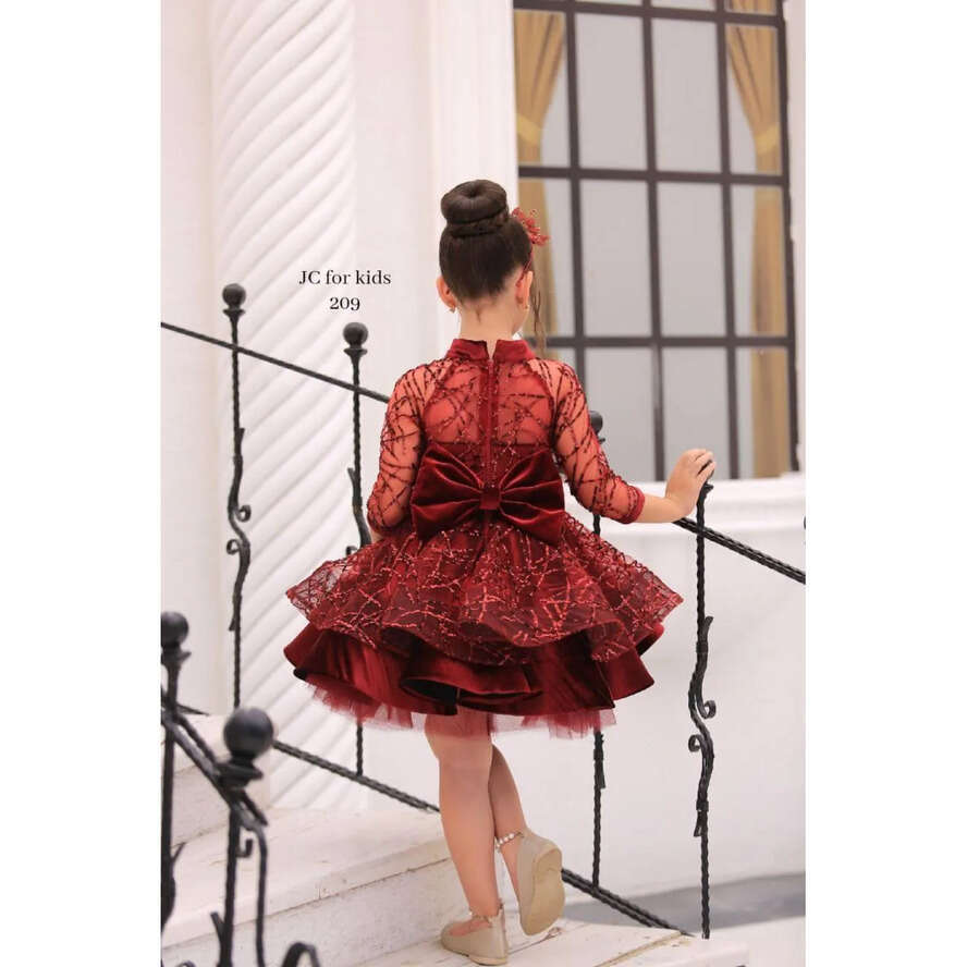 Tutu Cupcake Tier Ruffle Girls Pageant Princess Pink Red Sequined Beadings Short Wer Girl Dresses With Sheer 3/4 Sleeves Bow Sash Back Kids Dress Bc18
