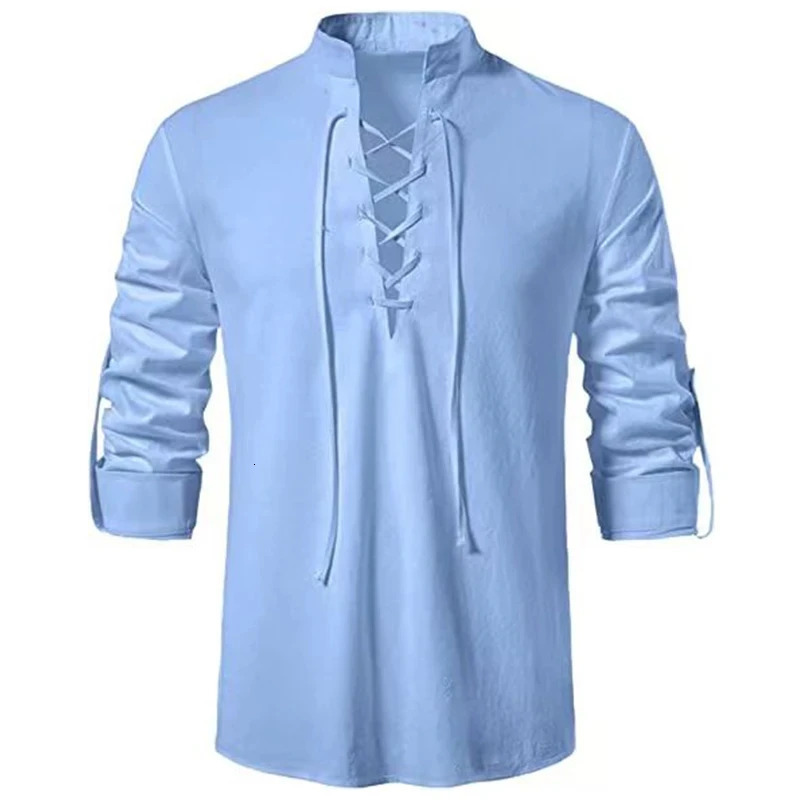 mens V-neck T-shirt fashionable retro thin long sleeved mens casual breathable Viking front lace mens shirt 241023