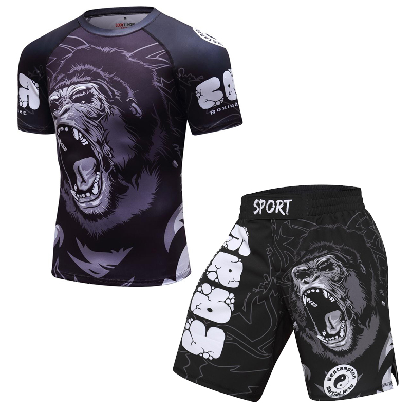New Men Boxing Set Compression Jersey Pants 3D Orangutan Print Rashguard Kickboxing Tight T-shirts Pants Muay Thai MMA Fightwear