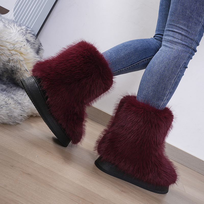 Boot Fur Womens Winter Snow Women Ski Fluffy Hairy Lace Up Middle Calf Platform Flat With White Cotton Boots