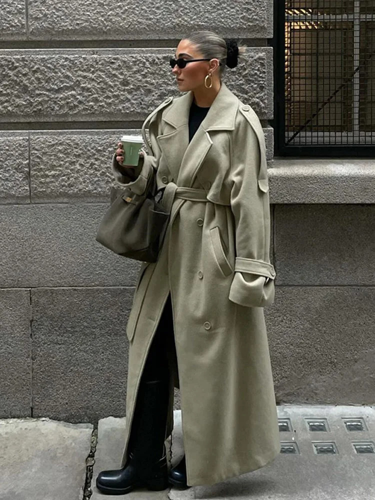 Retro single chest lapel long coat womens casual loose solid wool coat with pockets womens winter chic street coat 241023