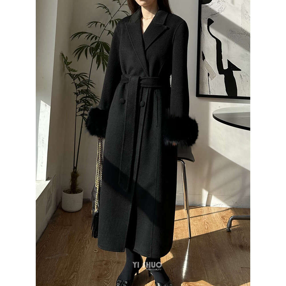 Rose Korean Double-Sided Cashmere Real Fox Fur Sleeve Black Double-Breasted Lapel Long Wool Coat Women