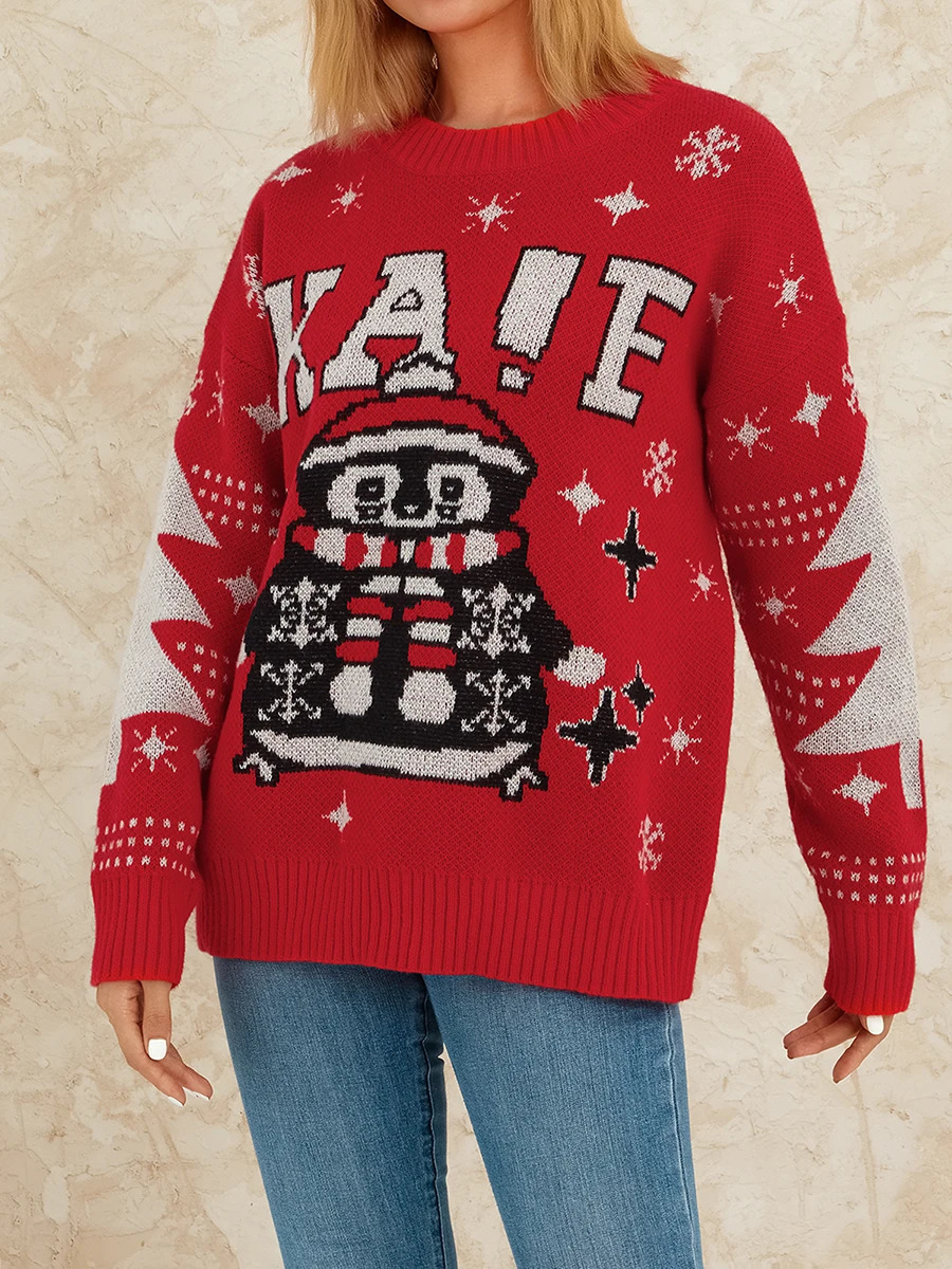 Men Women Christmas Sweater Reindeer Patterned Crew Neck Long Sleeve Pullover Knitwear with RibKnit Hem XS M L XL 241021