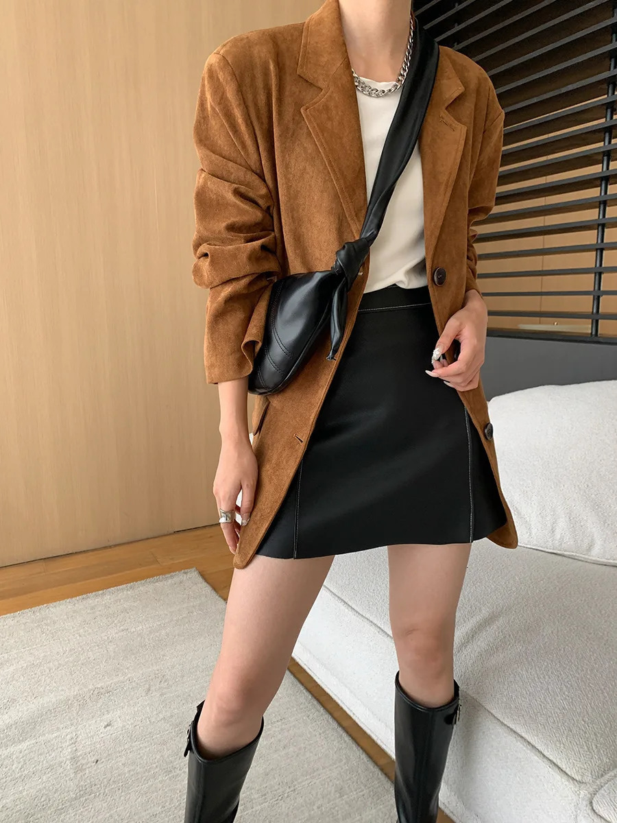 Brown synthetic suede jacket womens autumn oversized jacket autumn dress jacket work office 241023