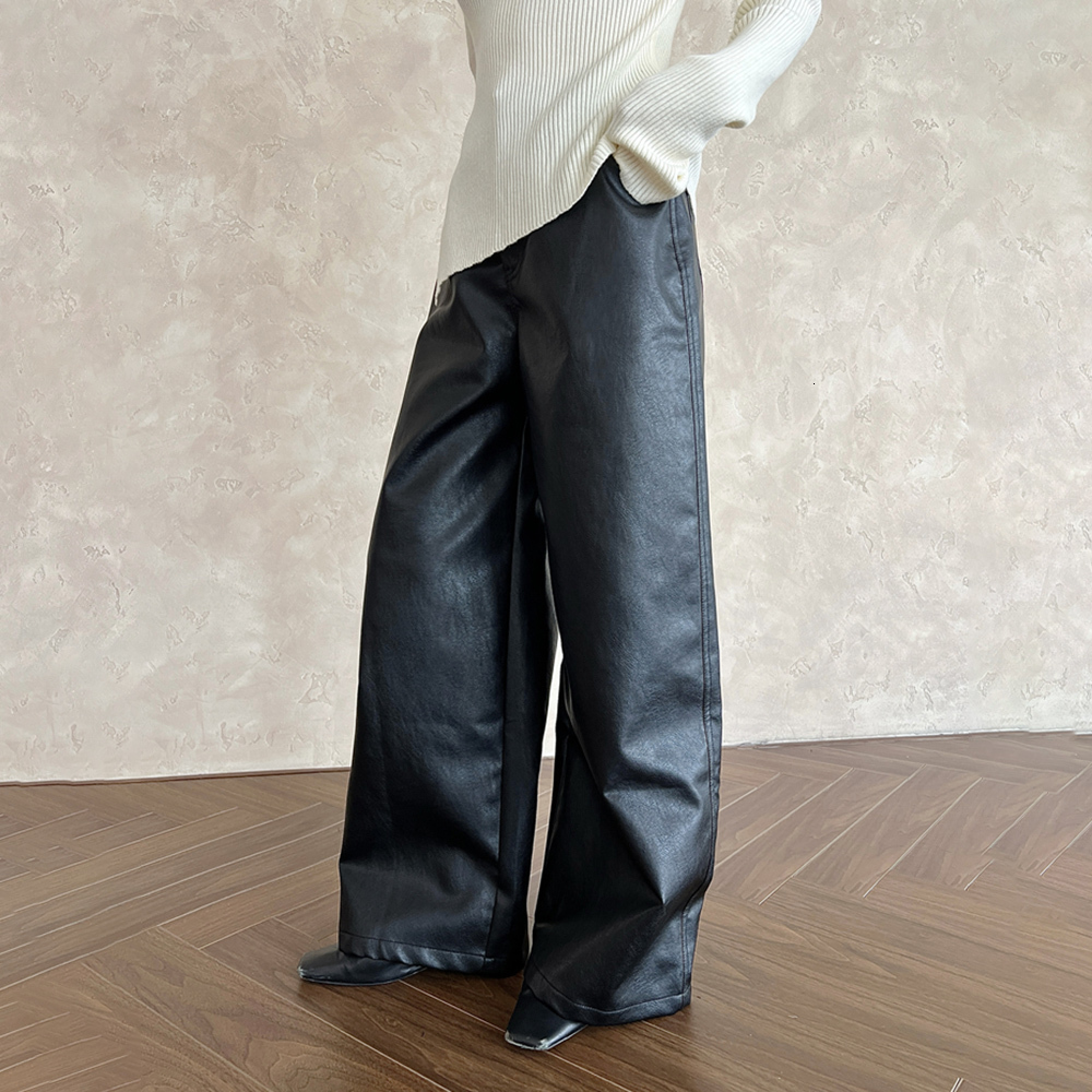 TWOTWINSTYLE Solid Patchwork Pocket Leather Trouser For Women High Waist Spliced Zipper Loose Vintage Wide Leg Pants Female New